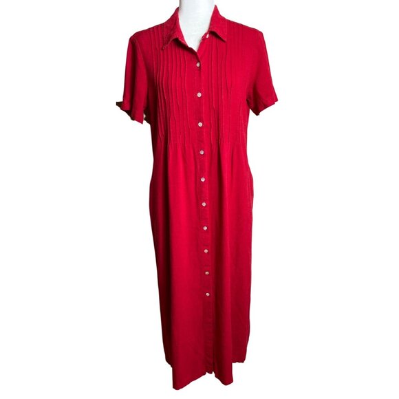 Orvis Dresses & Skirts - Vtg Orvis Linen Blend Dress Red Button Up Midi Pockets 90s Classic Preppy Wom 12